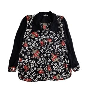 90's Diversity Vintage Floral Button Up Blouse Black Red Rose Sheer Long Slv XL